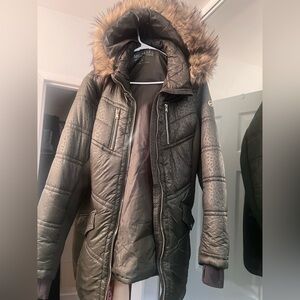 Michael Kors Green Puffer Jacket Faux Fur Hood